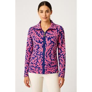Lilly Pulitzer XS Full Zip Jacket Coral Reef Print Pink Purple Brass Palm Zip